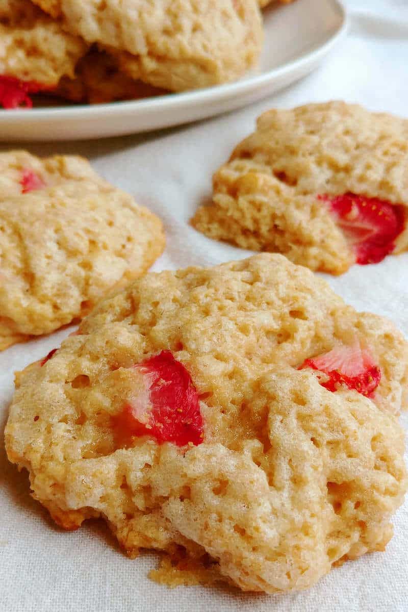 strawberry and cream scones, spread out on a napkin