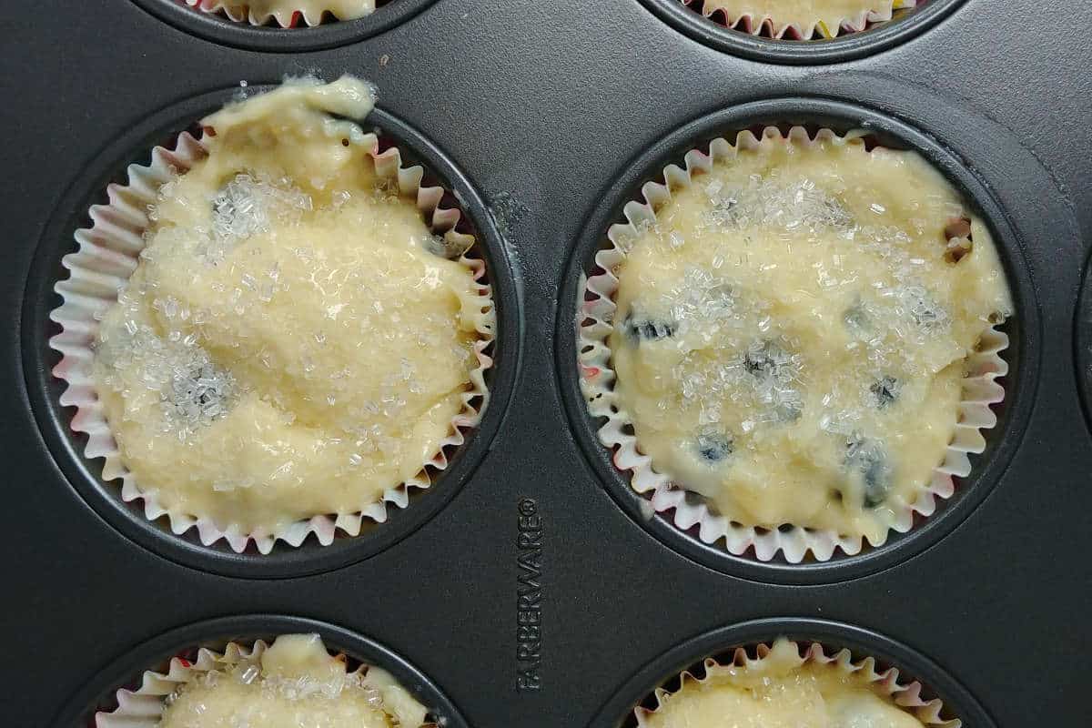 batter for perfect blueberry muffins, in muffin liners, with sugar sprinkled on top