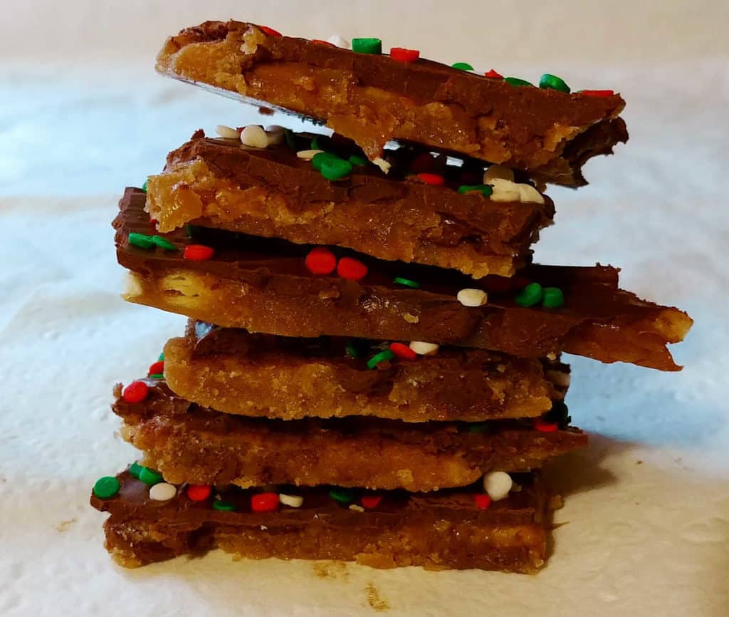 chocolate toffee cracker cookies, stacked up 