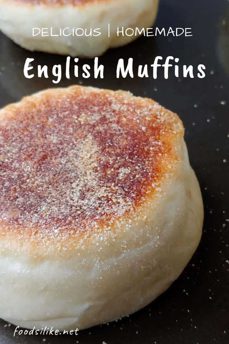 english muffin cooked on a griddle, close up - pin for Pinterest