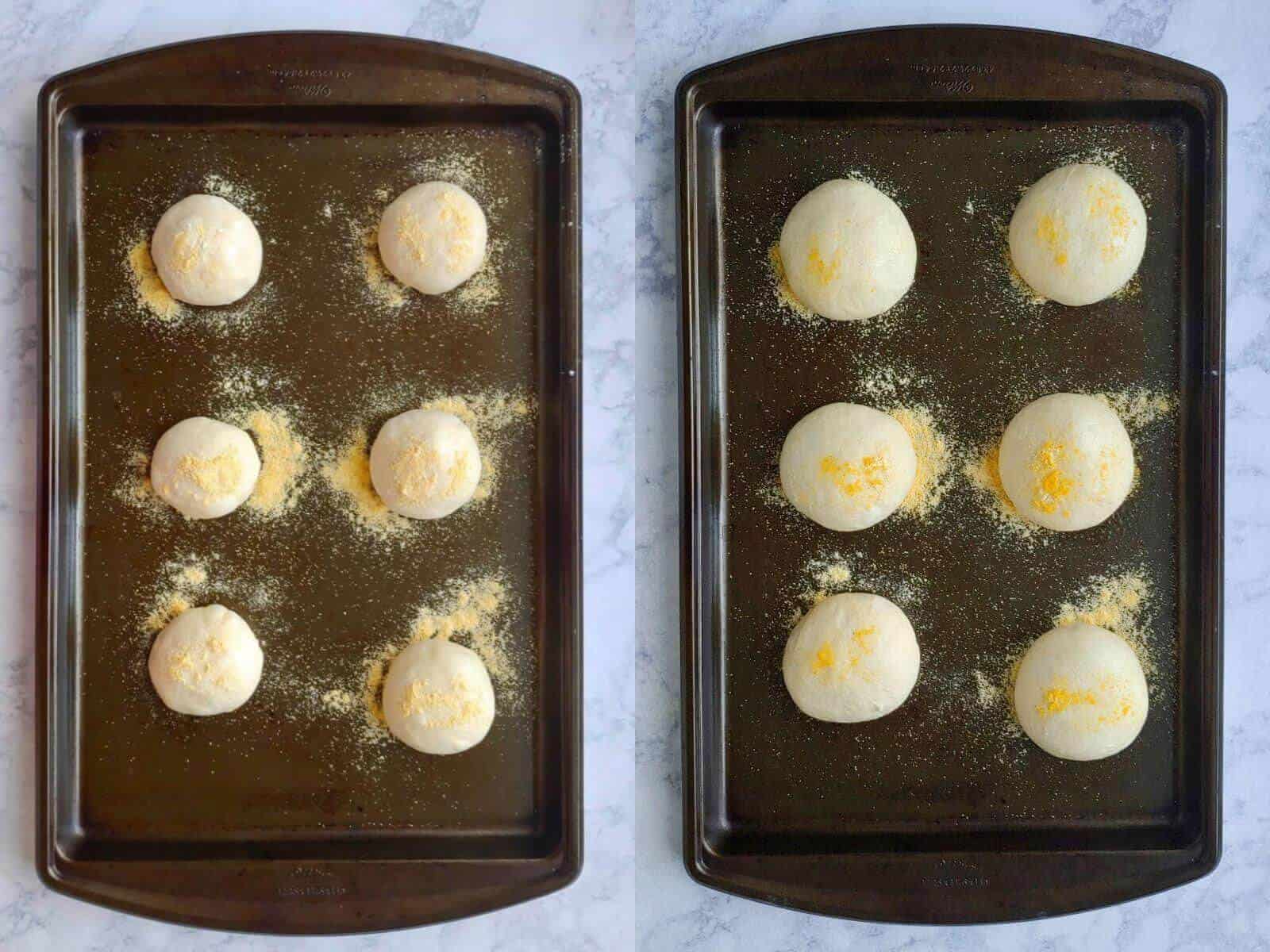 dough, shaped into balls, before and after its second rise