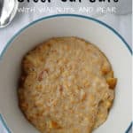 steel-cut oats with walnuts and pear, in a bowl, with honey and a coffee mug