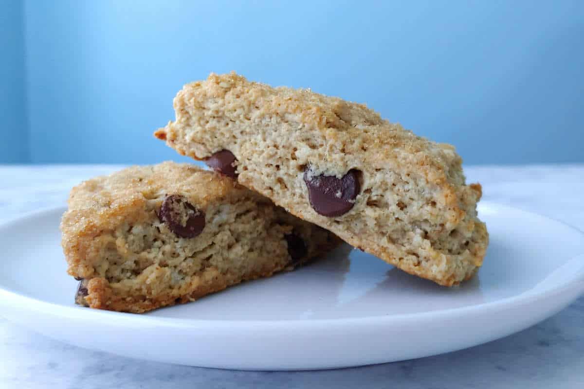 chocolate chip cookie scones, stacked on a plate