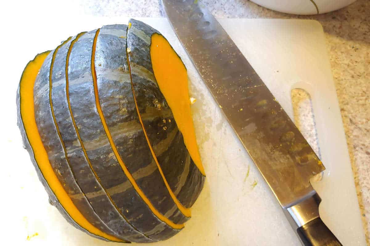 slices of buttercup squash on a cutting board
